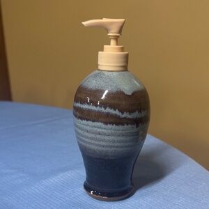 Pottery Soap Dispenser signed 7.75” tall